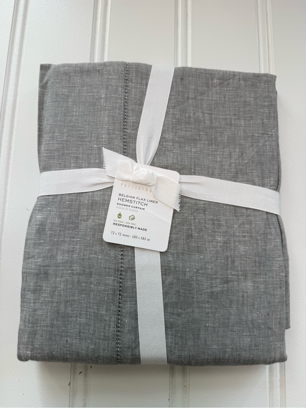 Pottery Barn Belgian Flax Linen Hemstitch Gray Shower Curtain NEW